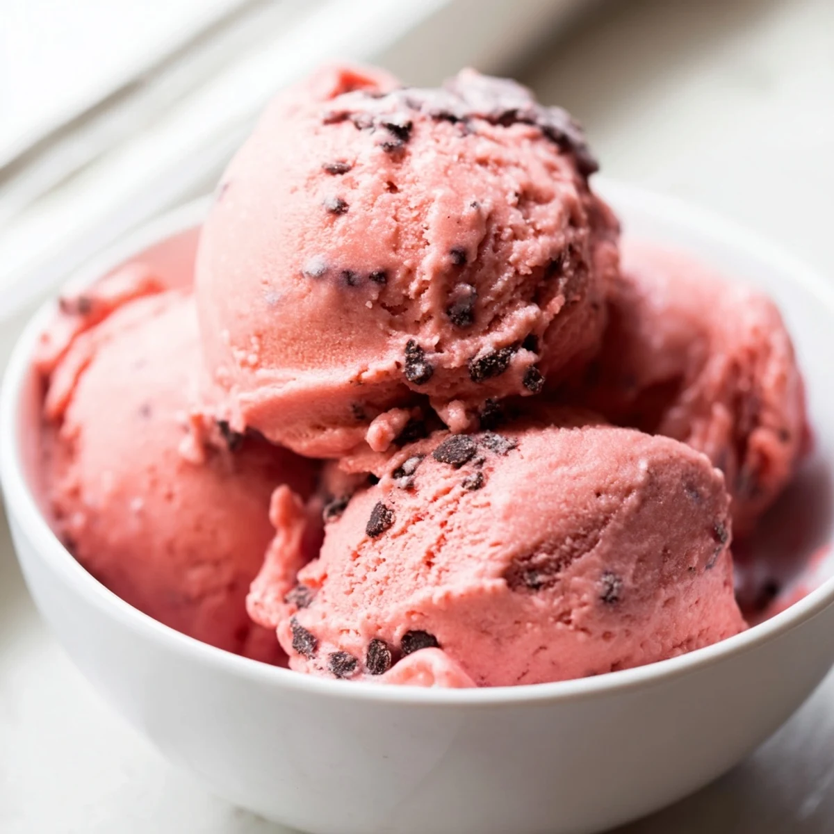 Creamy watermelon ice cream scooped into a bowl topped with fresh mint sprigs on a wooden table