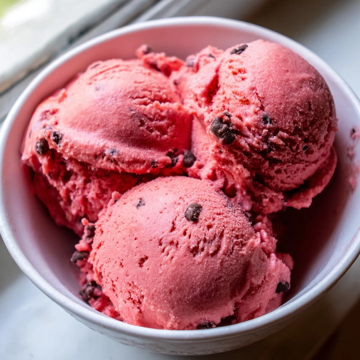 Vibrant pink homemade watermelon icecream served in a waffle cone with juicy fruit chunks visible