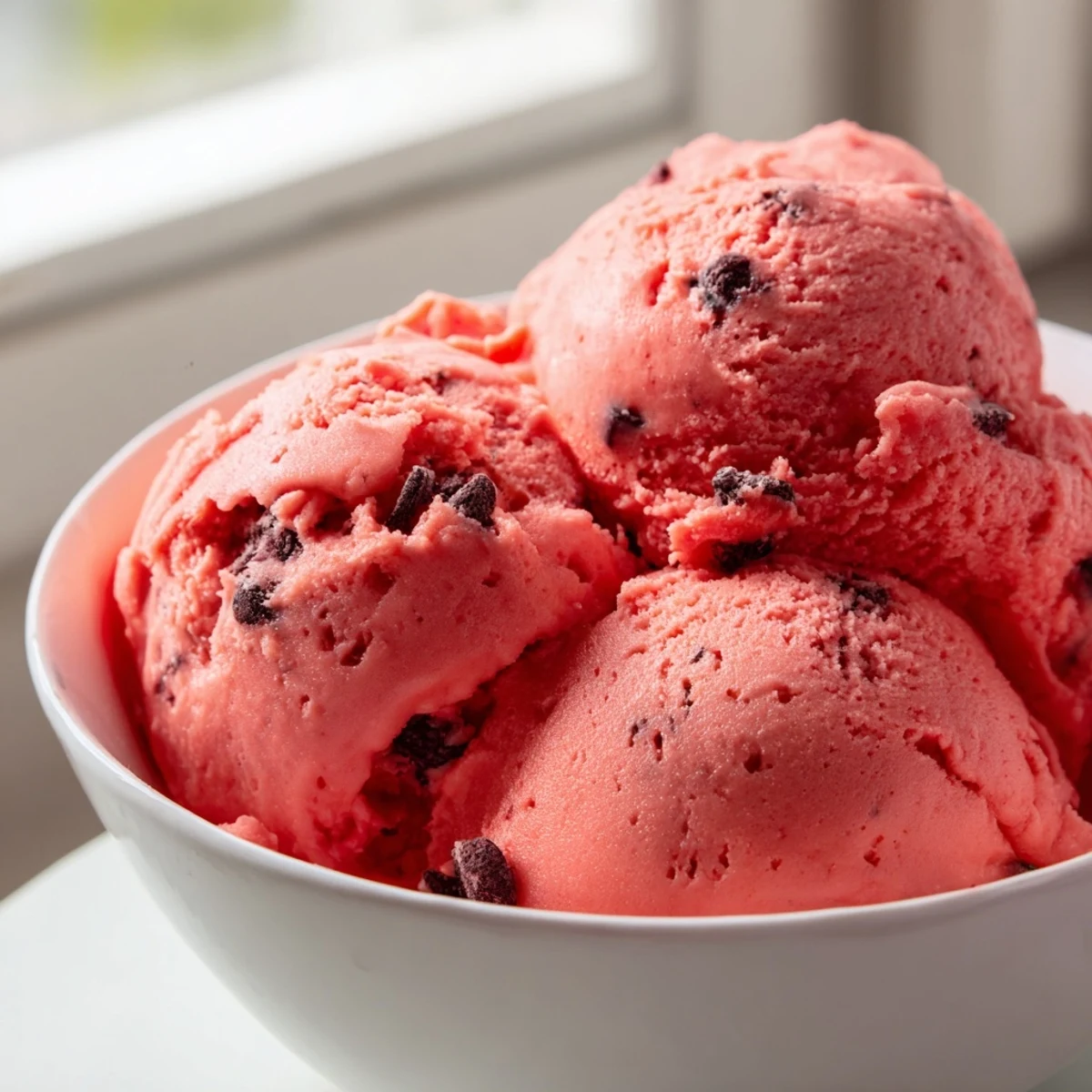 Refreshing watermelon ice cream swirls in a glass dish with lime wedge garnish for summer dessert