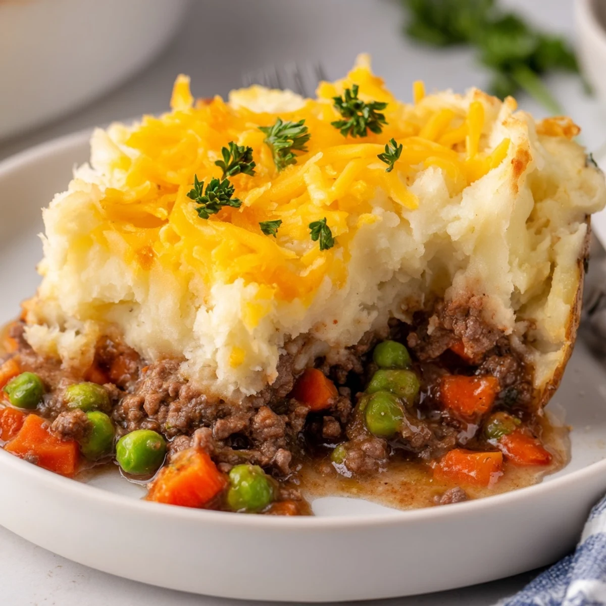 Hearty baked potato stuffed with savory lamb filling and creamy mashed potato topping
