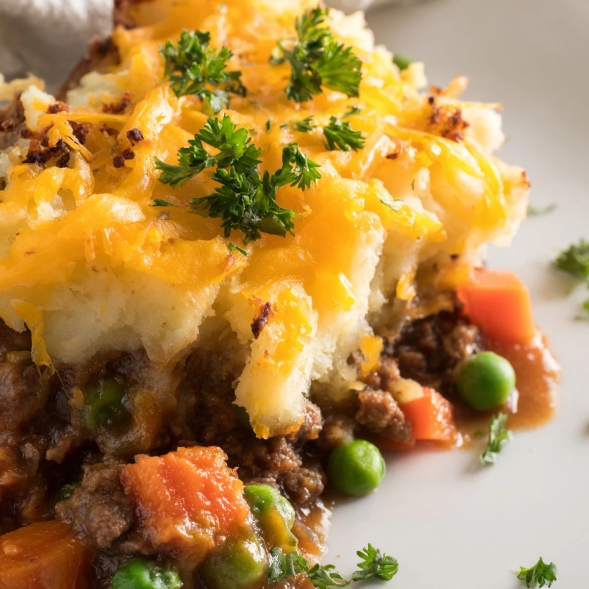 Golden Shepherd's pie baked potato topped with fluffy mashed crust and fresh parsley