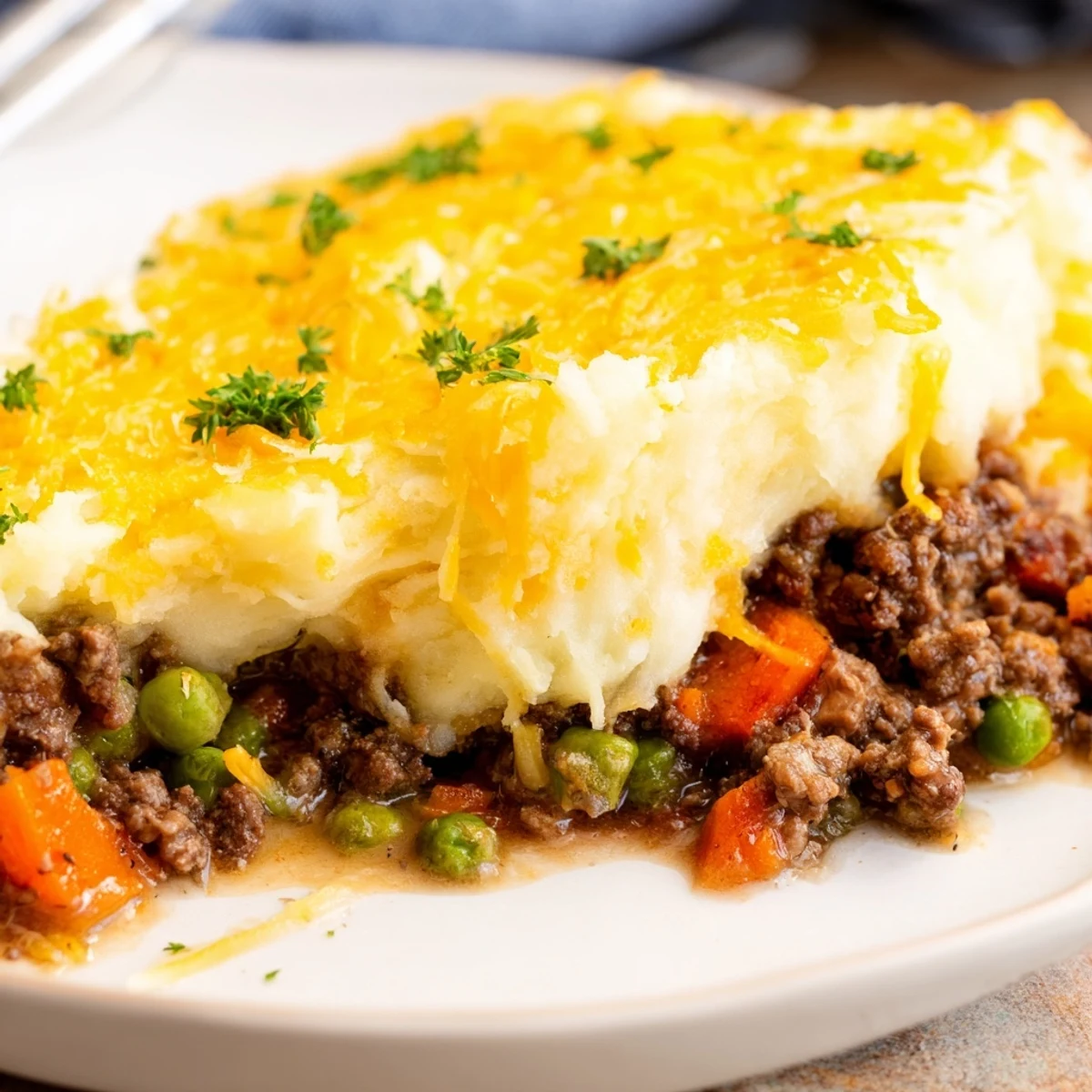 Comfort food Shepherd's pie baked potato with rich gravy and golden mashed potato peaks