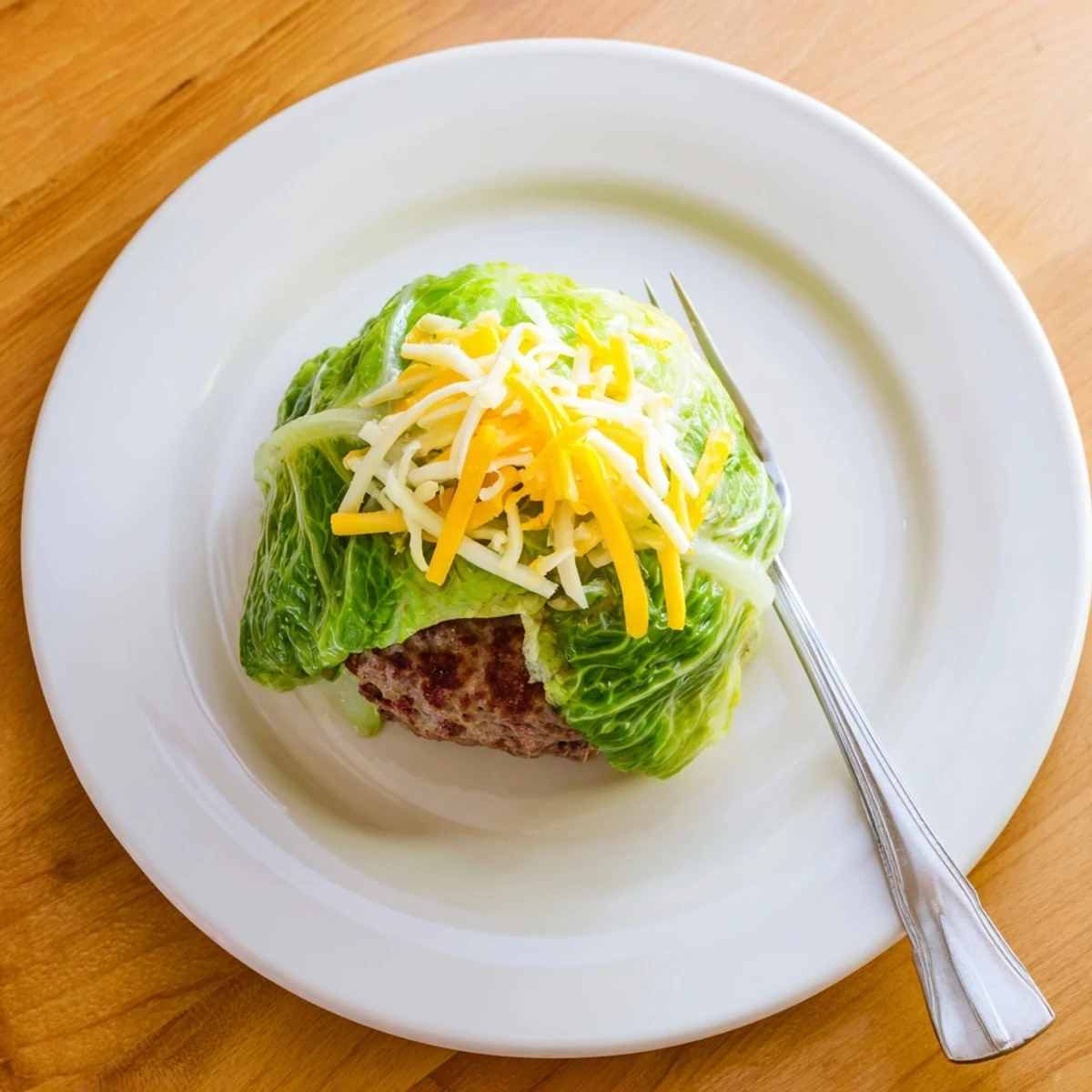 Juicy seasoned ground beef patties nestled inside pliable cabbage leaves after baking until lightly browned