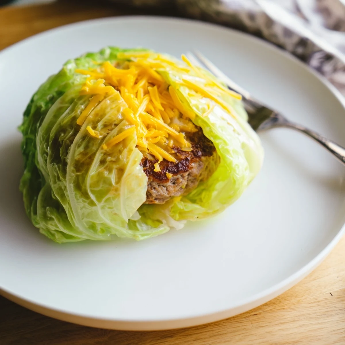 Healthy low carb oven baked cabbage burgers served hot with melted cheddar and savory spices