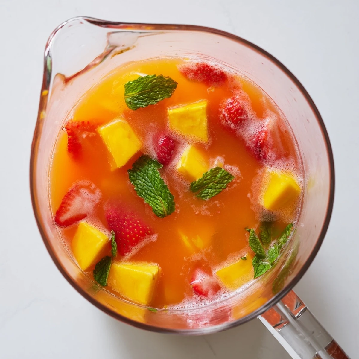 Tall glass of vibrant mango strawberry lemonade topped with strawberry slices and lemon wheels on a wooden table