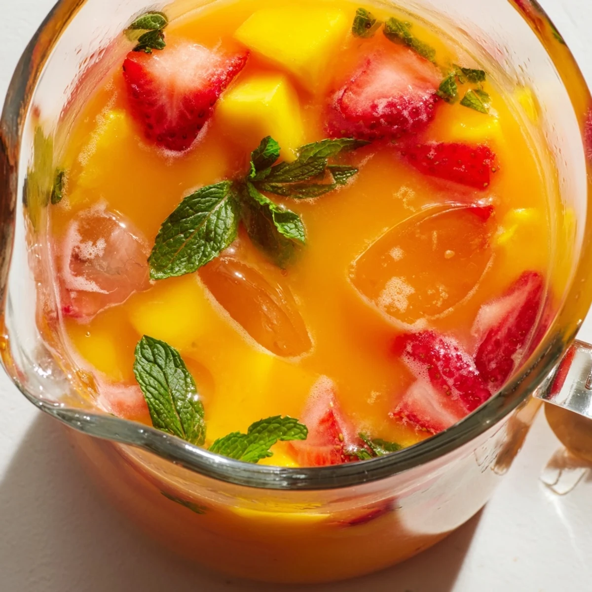 Golden mango strawberry lemonade in a glass pitcher garnished with fresh mint leaves and floating ice cubes