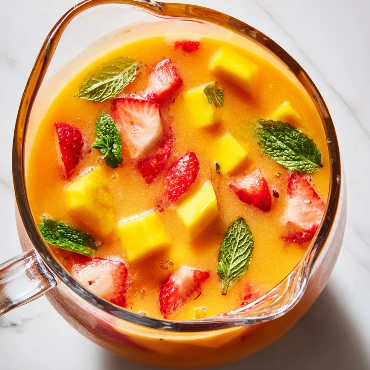Refreshing mango strawberry lemonade blended with juicy fruits served over ice with a sprig of mint
