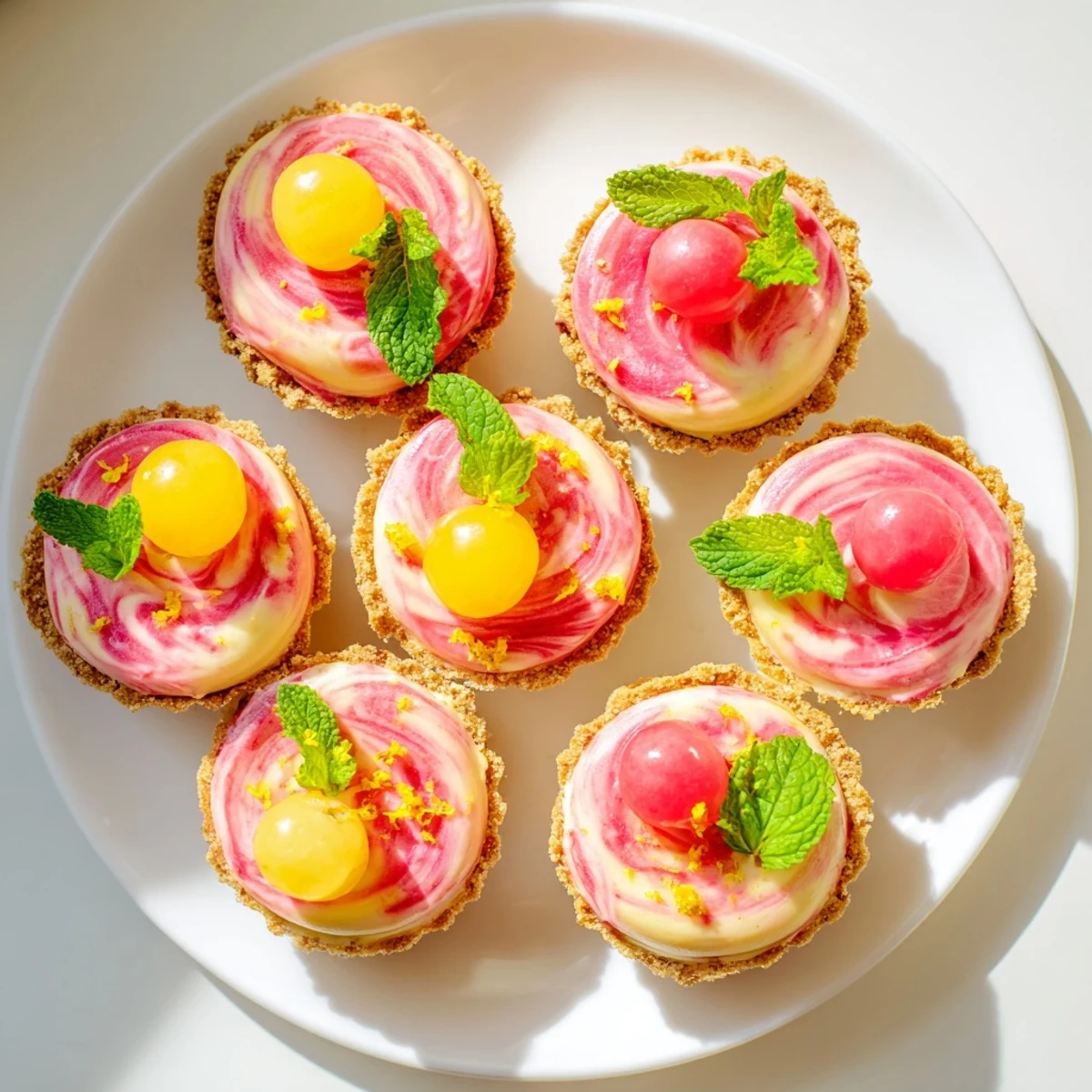 Frozen watermelon lemon cream tarts with pink swirled layers garnished with fresh mint leaves