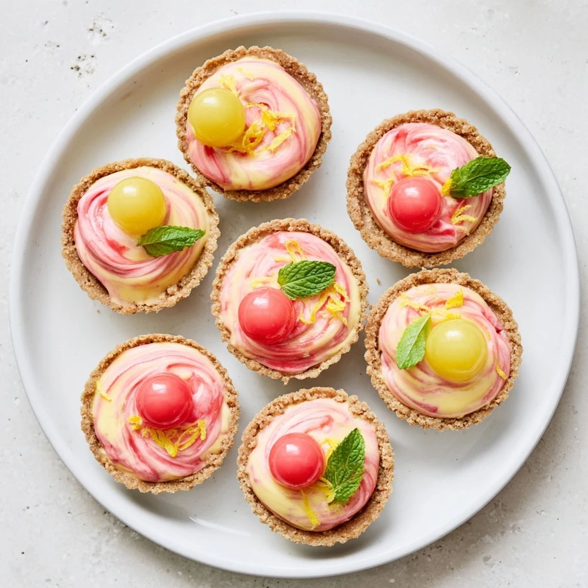 Golden graham cracker tart shells filled with tangy lemon cream and vibrant watermelon swirls