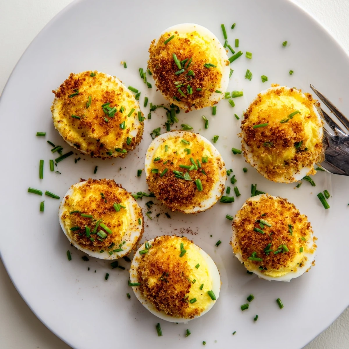 Golden fried deviled eggs with crispy panko coating and smooth creamy yolk filling garnished with fresh chives