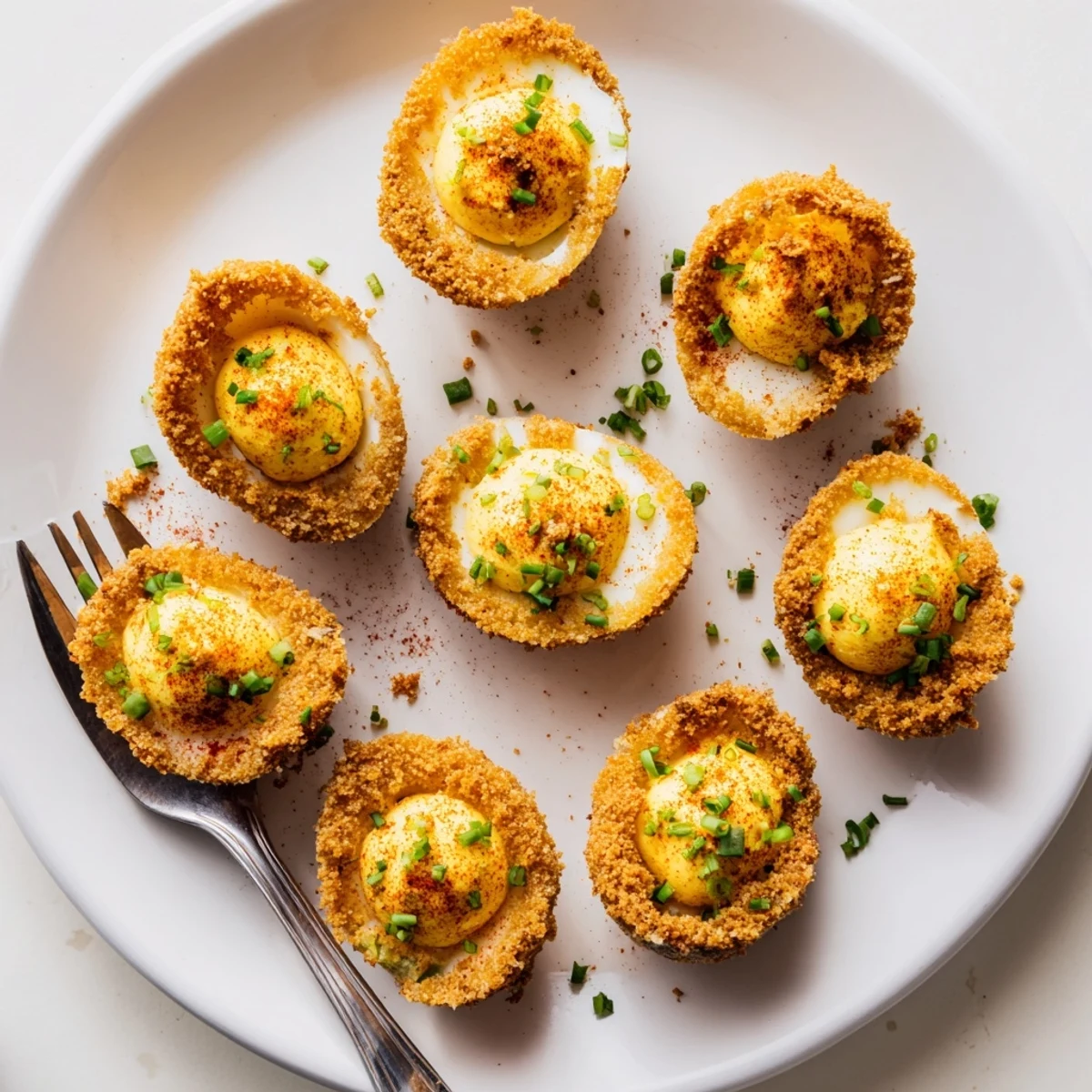 Crispy breaded deviled eggs served on white plate featuring golden brown crust and tangy mustard mayo center