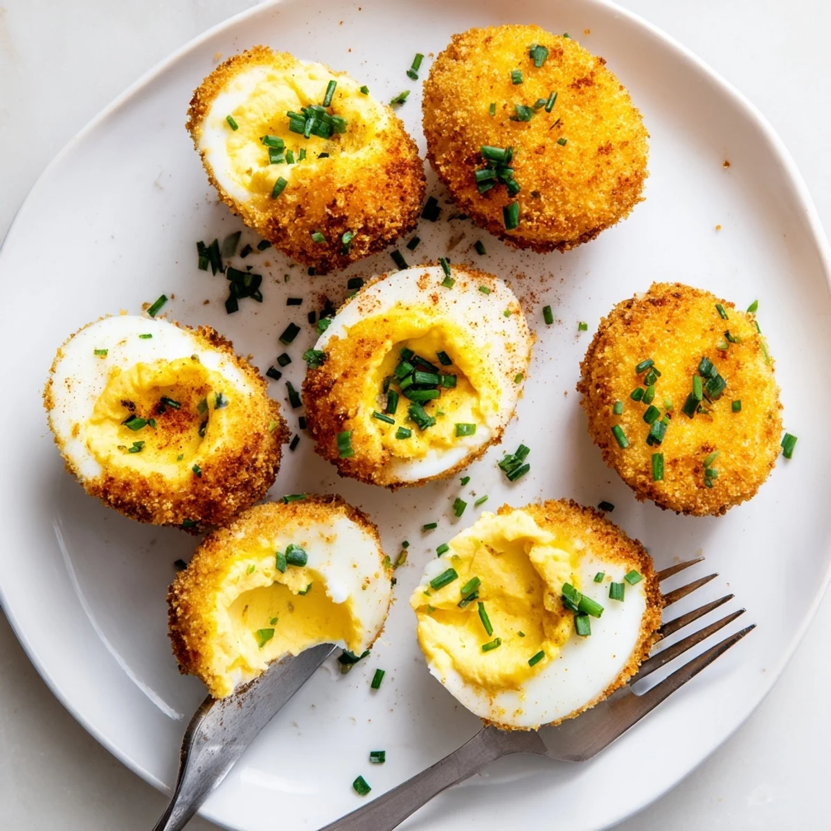 Fried deviled eggs close up showing crunchy exterior texture with vibrant green chive sprinkles on appetizer platter