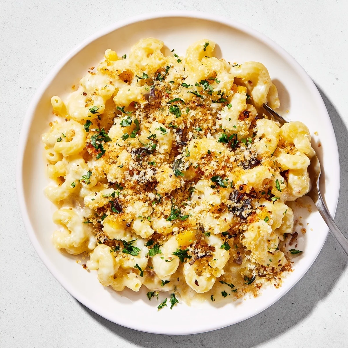 Golden French onion mac and cheese topped with crispy panko breadcrumbs and fresh parsley