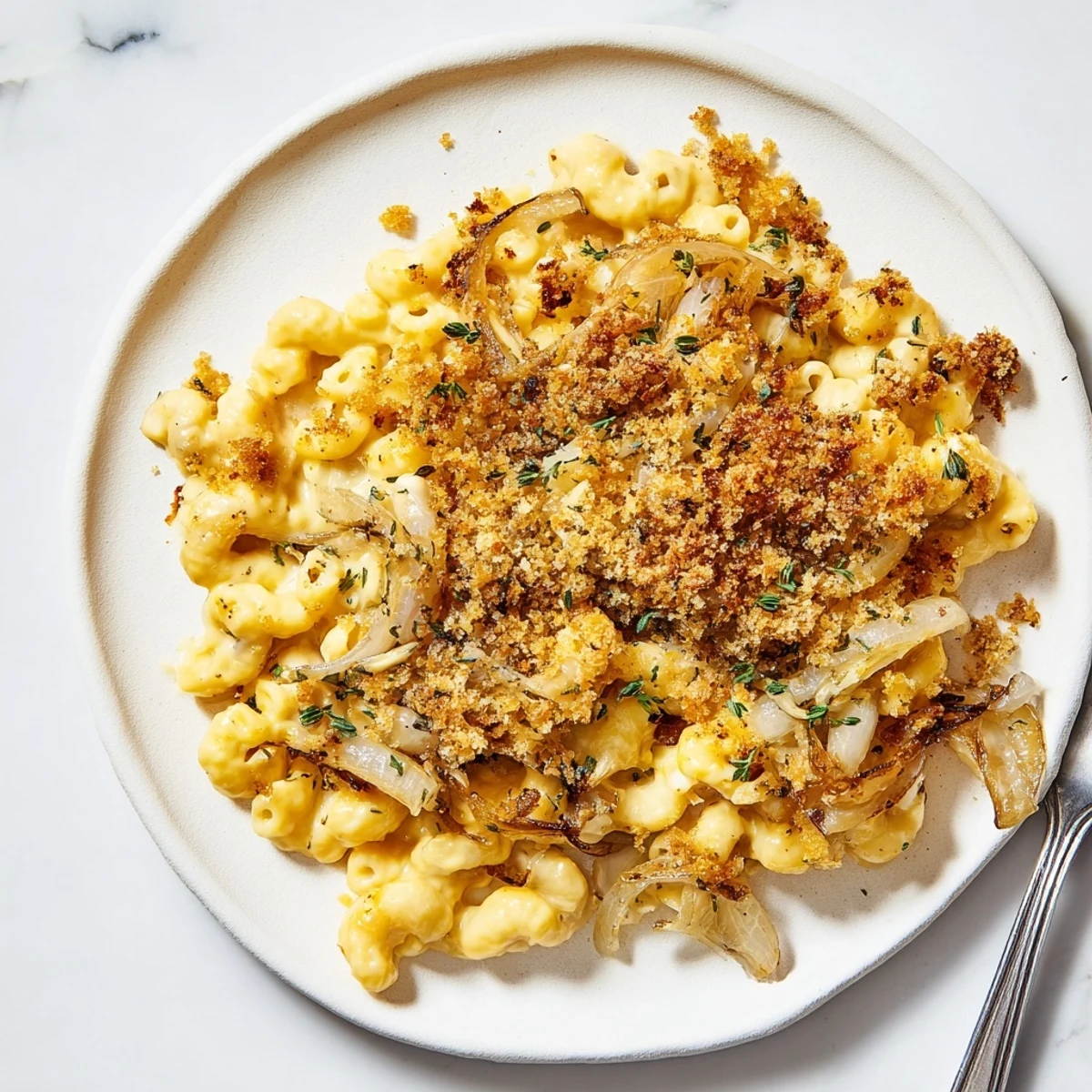 Creamy baked mac and cheese featuring sweet caramelized onions and melted Gruyère cheese bubbling