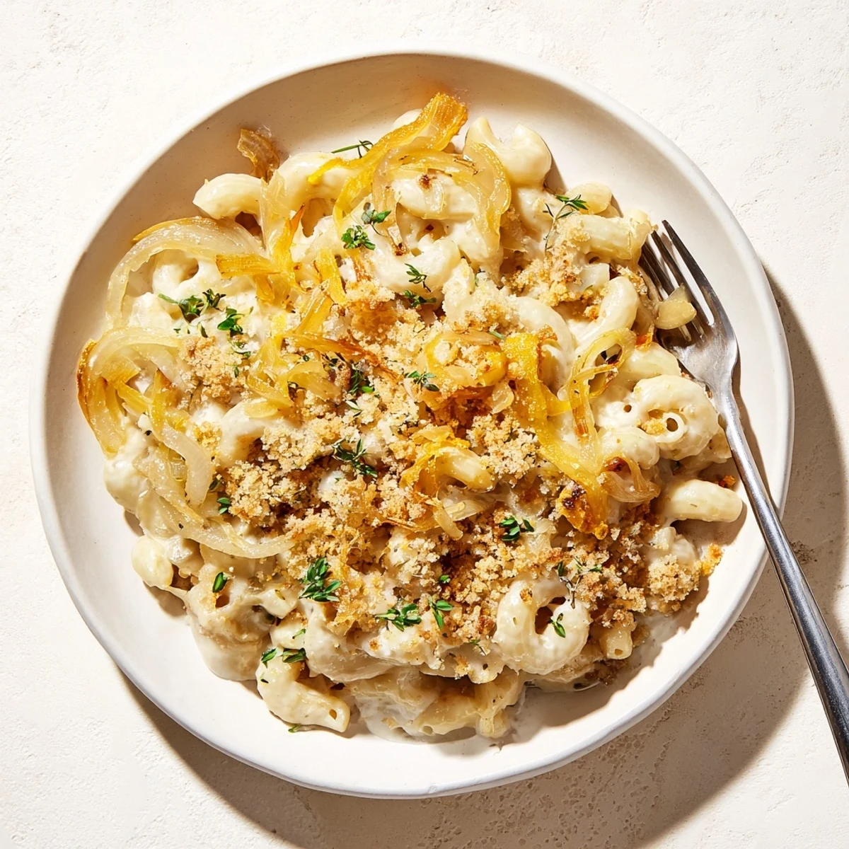French onion mac and cheese in a white baking dish with golden brown cheesy crust