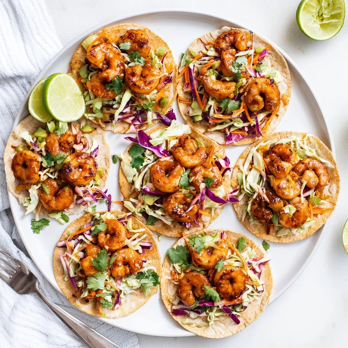 Golden spice-rubbed shrimp tacos piled high with colorful cabbage slaw and fresh cilantro