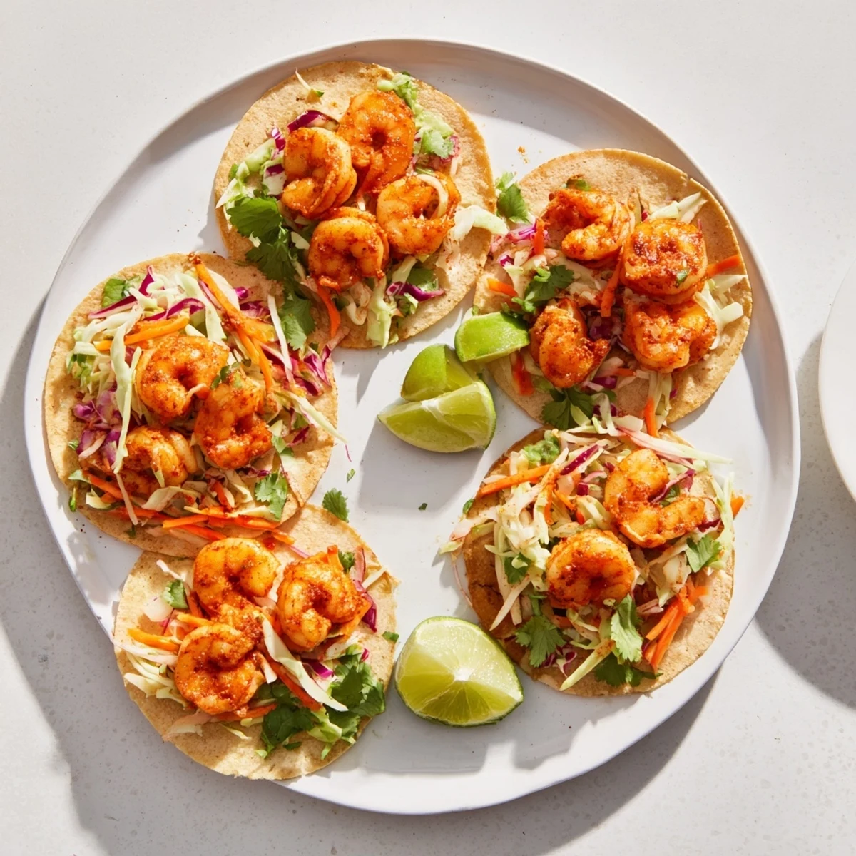 Warm corn tortillas filled with juicy seasoned shrimp topped with tangy red and green cabbage slaw