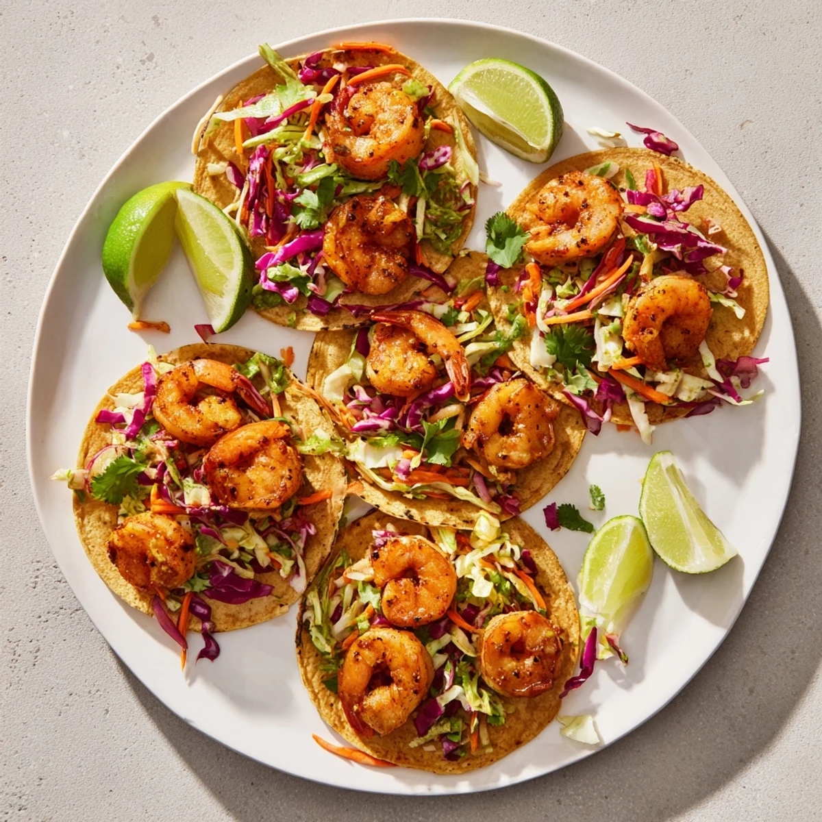 Platter of Mexican shrimp tacos featuring crisp vegetable slaw garnished with lime wedges