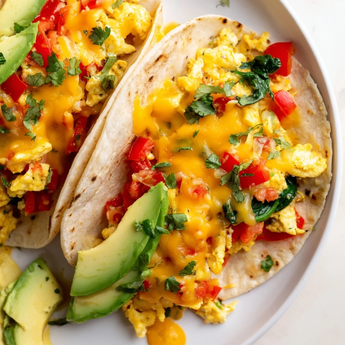 Golden baked breakfast tacos filled with fluffy scrambled eggs, melted cheddar cheese, and colorful sautéed vegetables