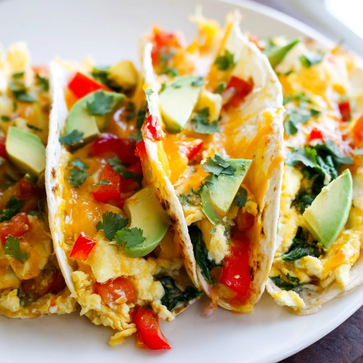 Crispy oven-baked breakfast tacos topped with Monterey Jack, fresh avocado slices, and vibrant cilantro garnish
