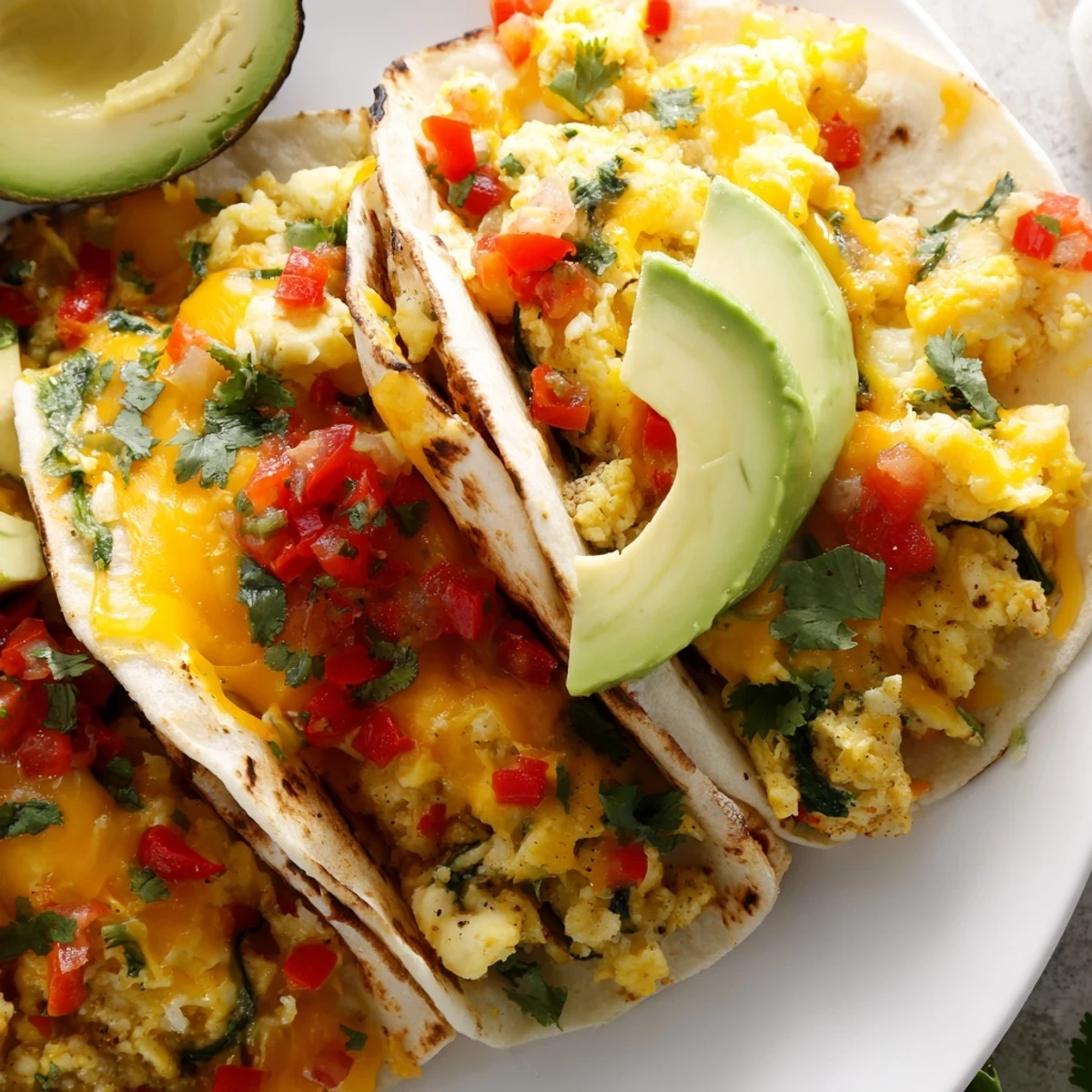 Savory Tex-Mex breakfast tacos arranged on a baking sheet, featuring spiced eggs, peppers, and bubbly cheese