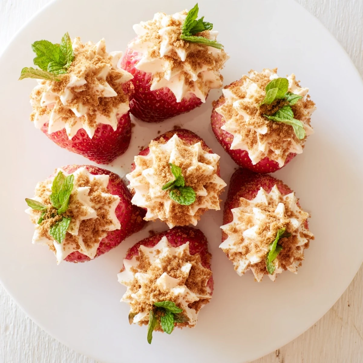 Fresh strawberries piped with fluffy cheesecake mixture and garnished with mint leaves