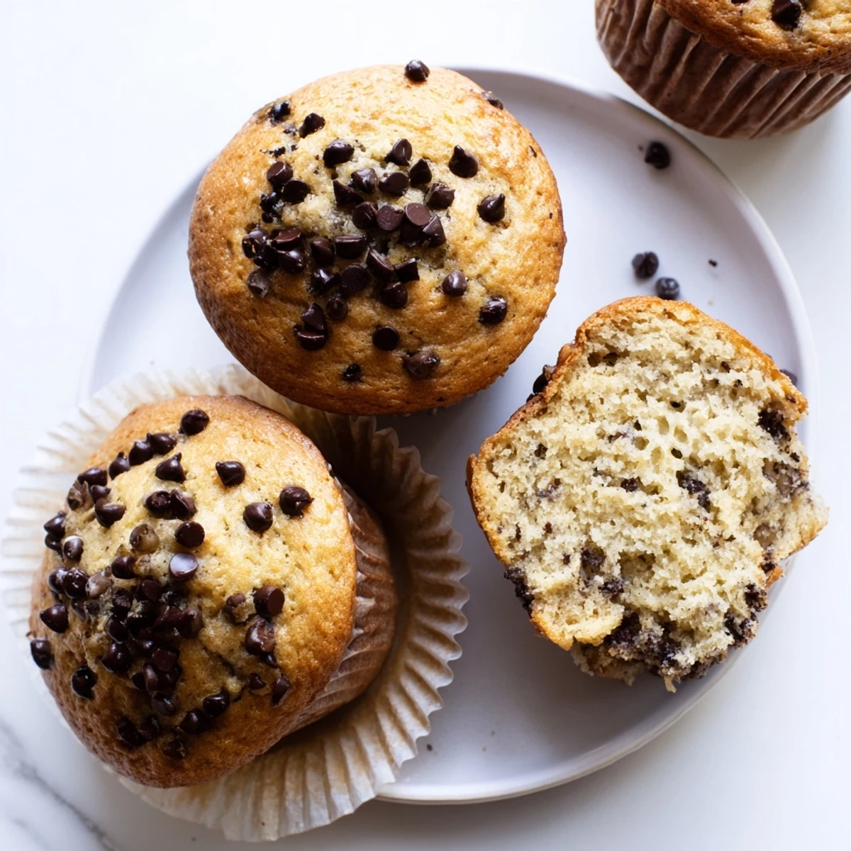 Moist banana chocolate chip muffins overflowing with semi-sweet chips in a paper-lined tin