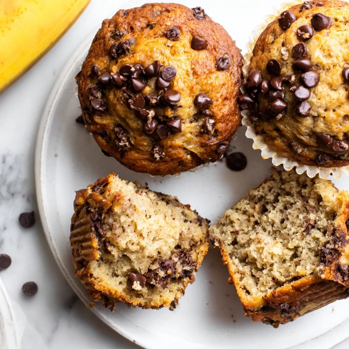 Golden banana chocolate chip muffins with melty chocolate chunks on top, freshly baked