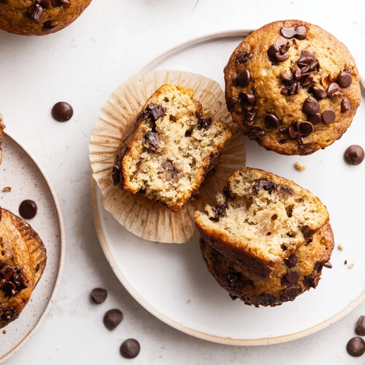 Fluffy homemade banana chocolate chip muffins topped with extra chocolate chips for breakfast