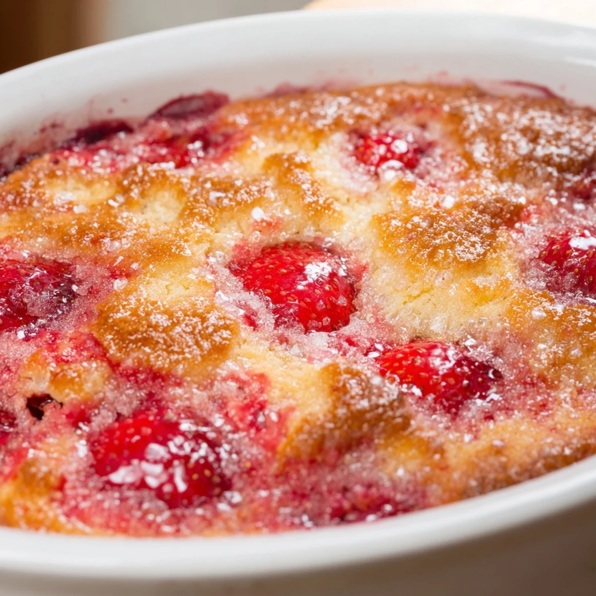 Golden fresh strawberry cobbler baked until bubbling with tender biscuit topping