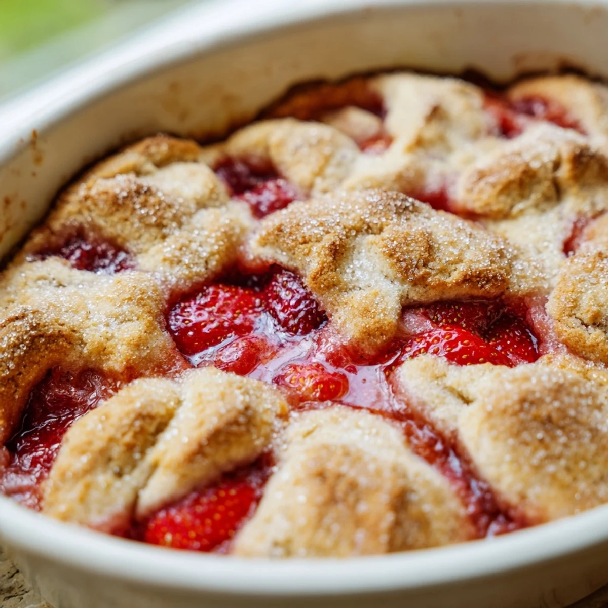 Fresh strawberry cobbler recipe with bubbling red fruit under golden biscuit topping