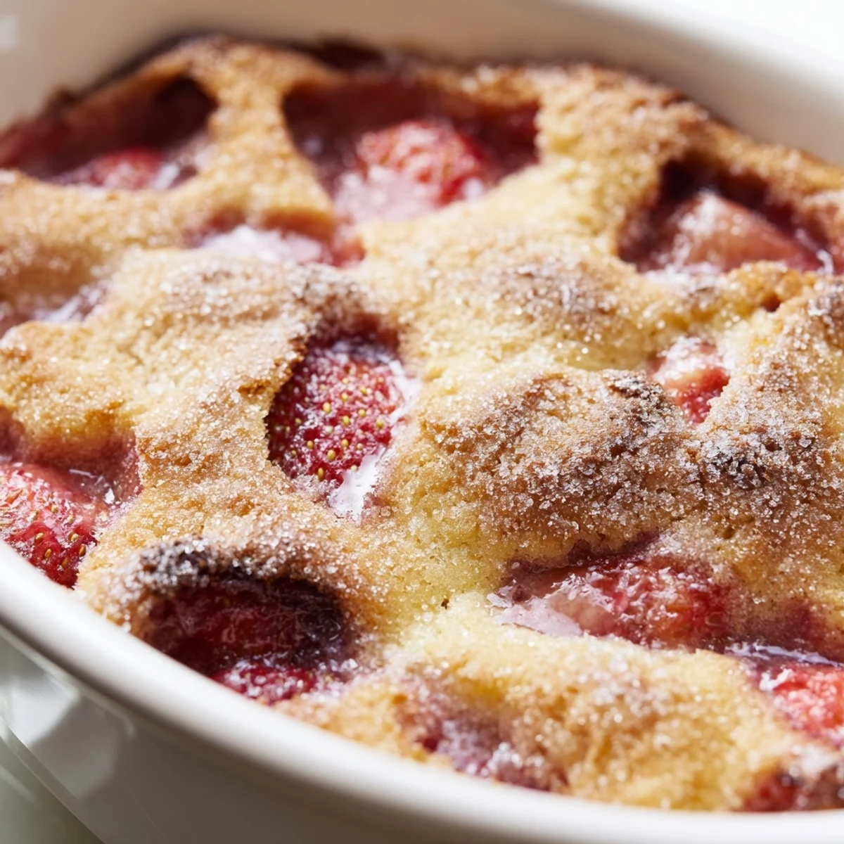 Warm fresh strawberry cobbler recipe served with vanilla ice cream and strawberries