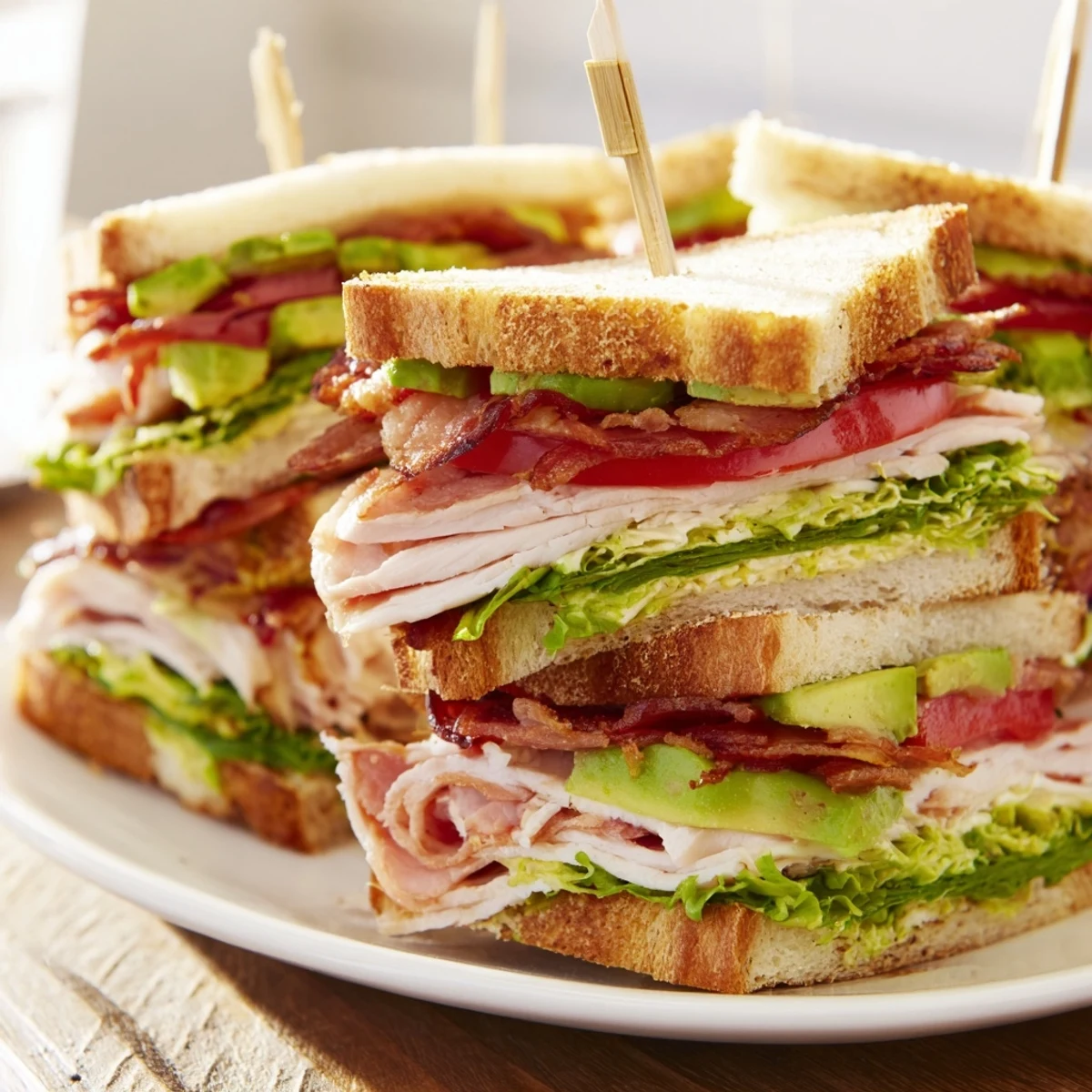 Triple-decker California Club Sandwich stacked with roasted turkey, crispy bacon, avocado, and fresh tomato slices
