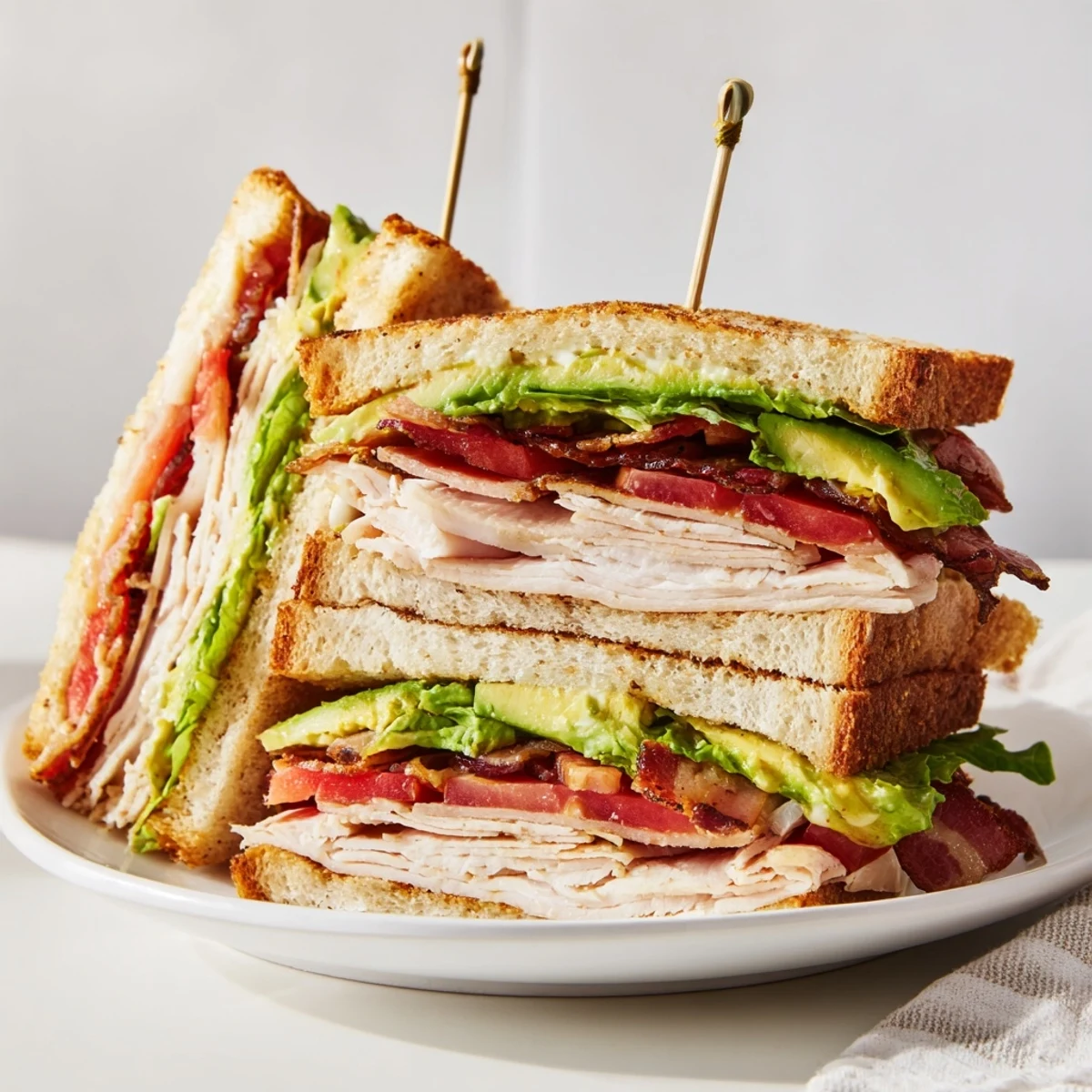 Golden California Club Sandwich with crisp bacon, ripe tomato, turkey, and buttery avocado on toasted bread