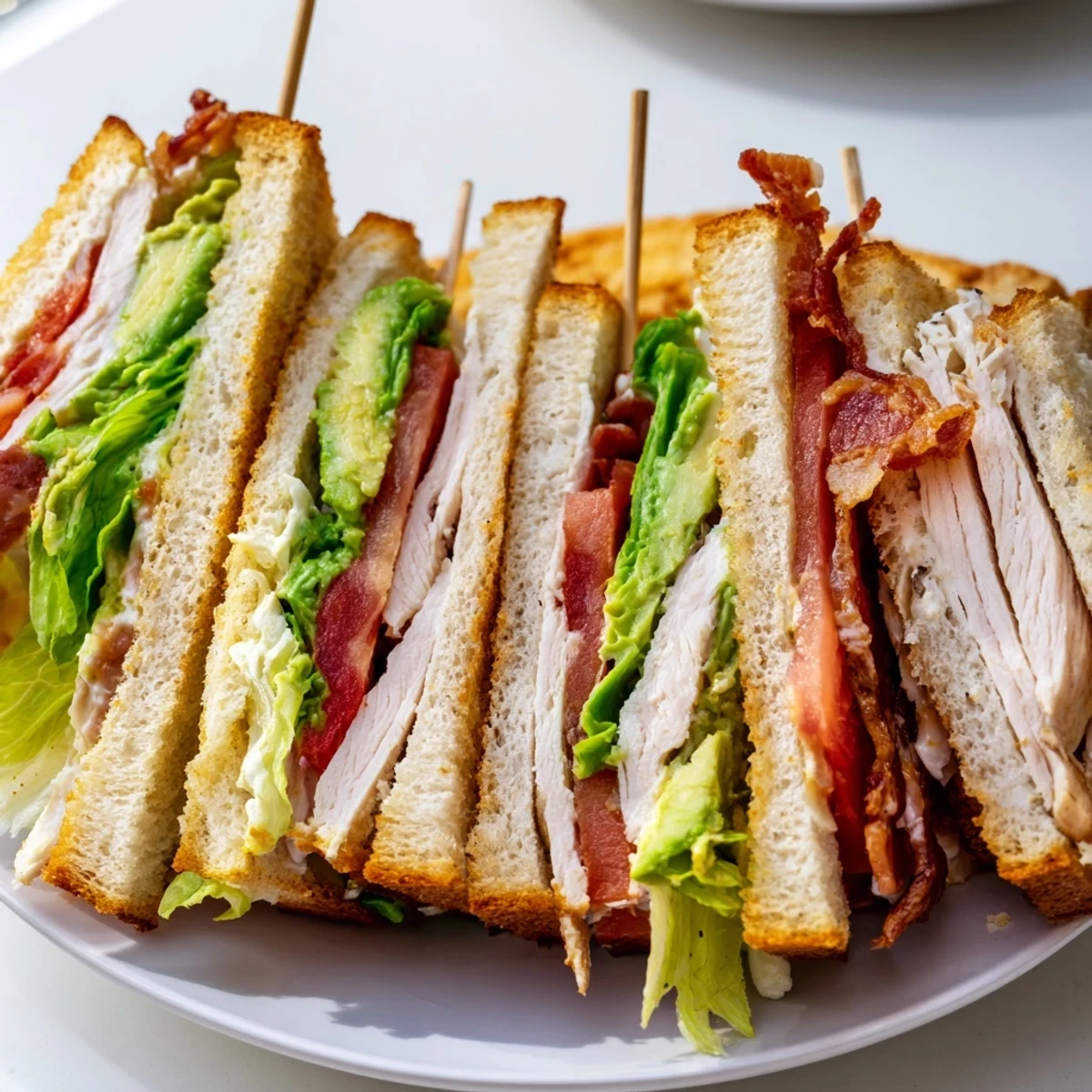 Toasted California Club Sandwich cut diagonally revealing layers of turkey, bacon, lettuce, and creamy avocado
