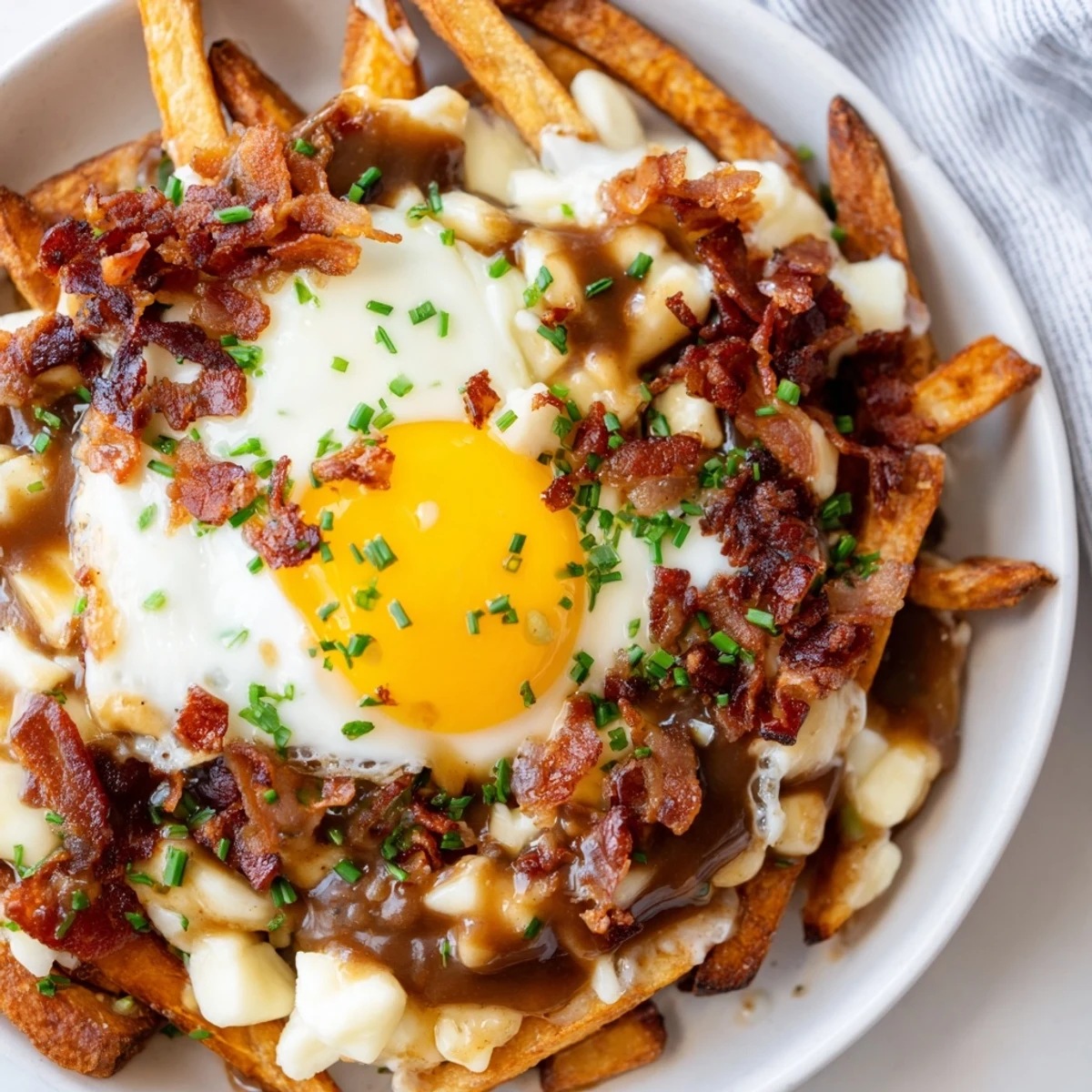 Golden crispy breakfast poutine topped with melty cheese curds, rich gravy, and perfectly fried egg