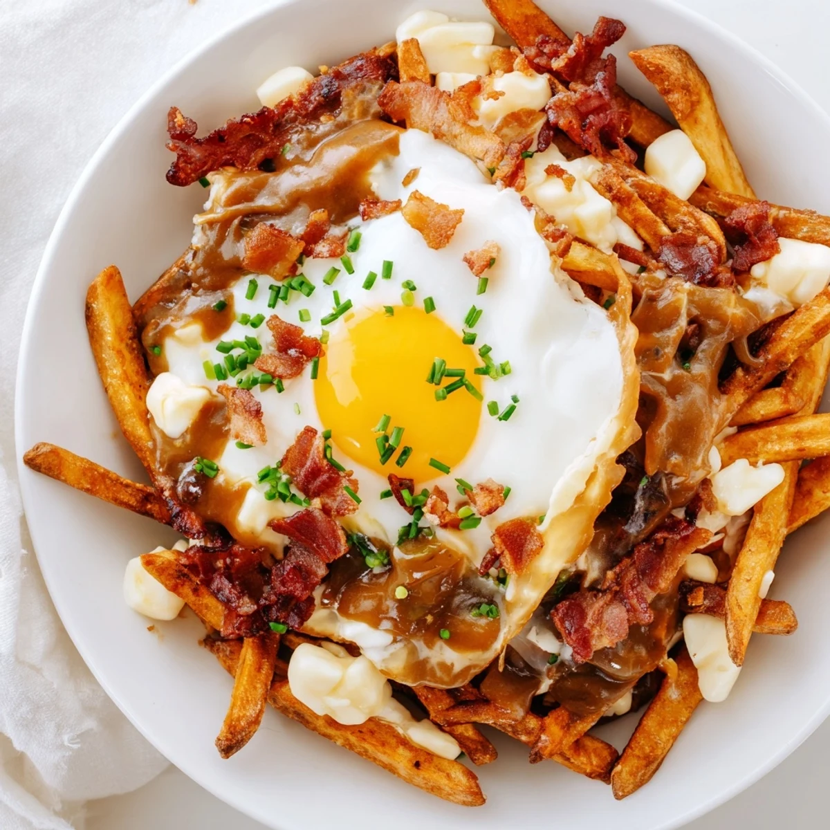 Hearty ultimate breakfast poutine with crispy oven-baked fries, eggs, and fresh chives on plate