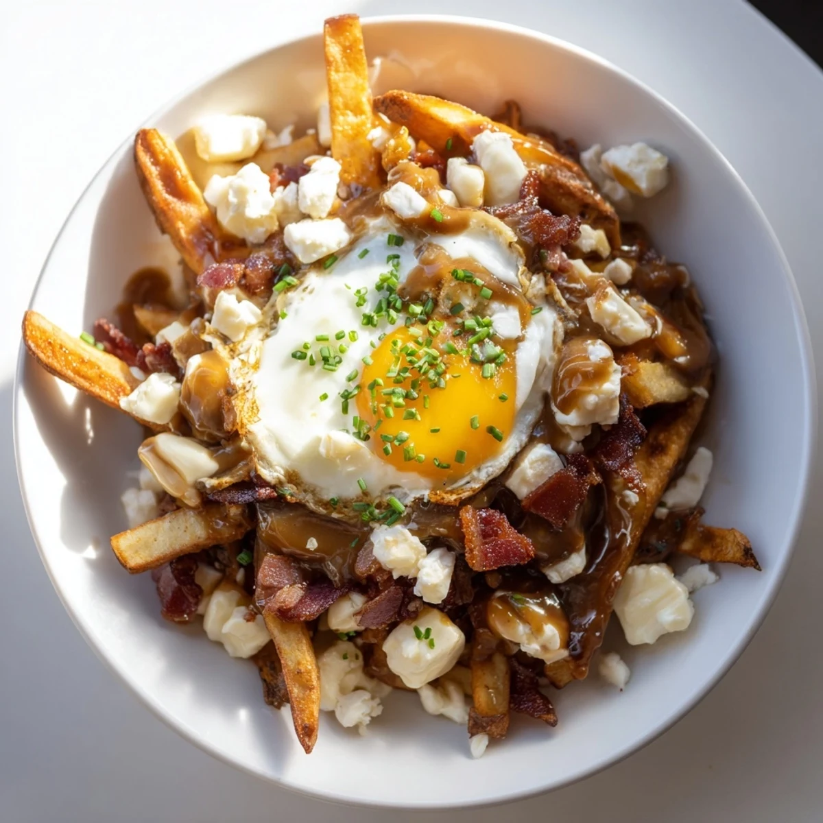 Decadent breakfast poutine with smoky bacon, potato fries, and savory cheese curds under beef gravy