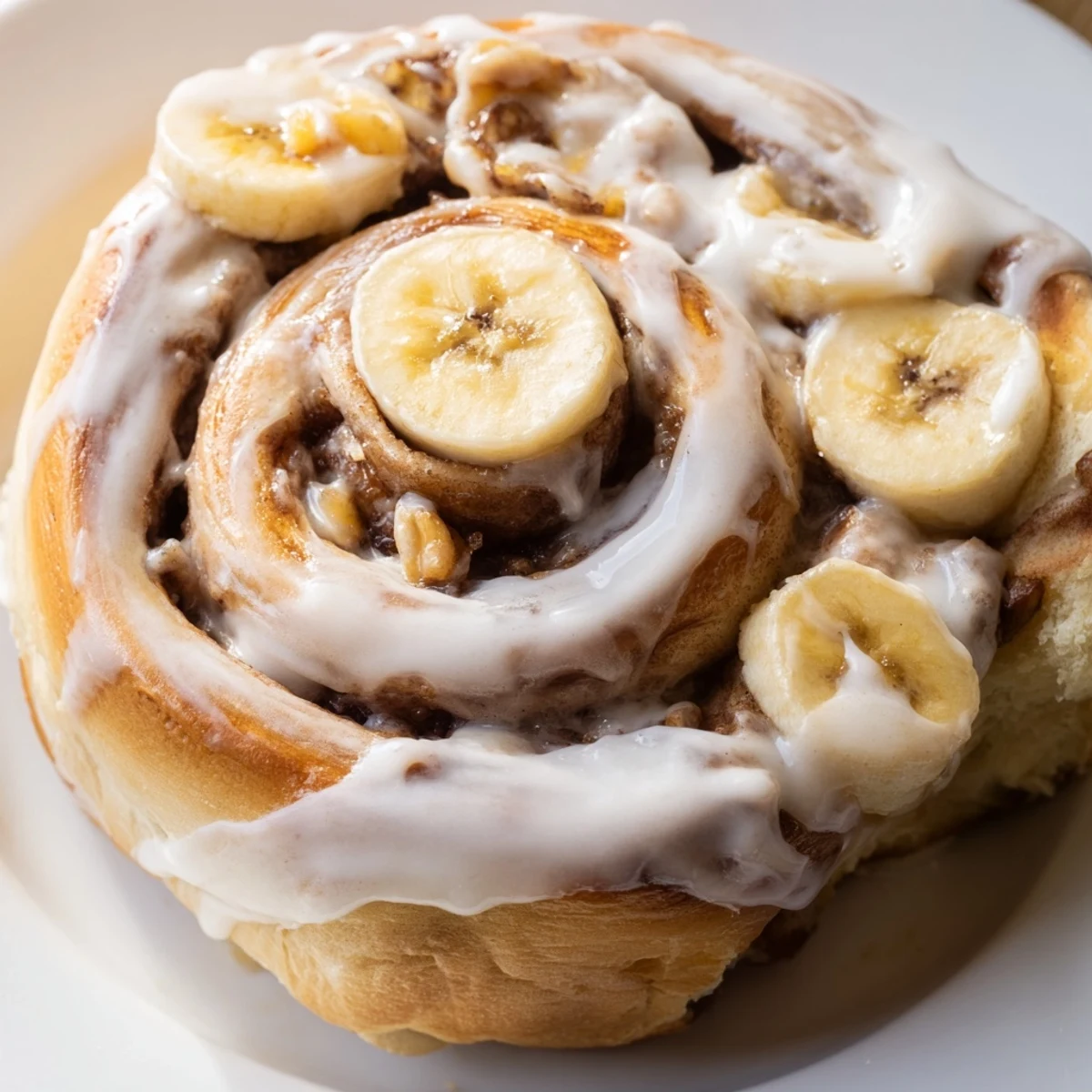 Freshly baked banana cinnamon rolls with creamy glaze dripping down golden spiral sides