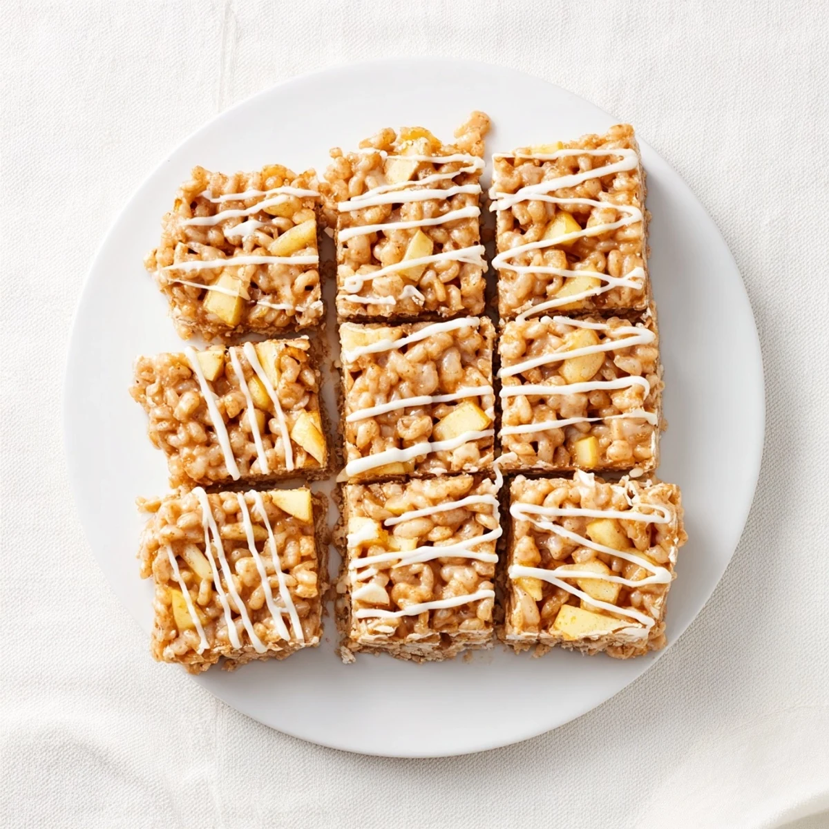 Golden brown Apple Pie Rice Krispie Treats bars topped with melted white chocolate drizzle
