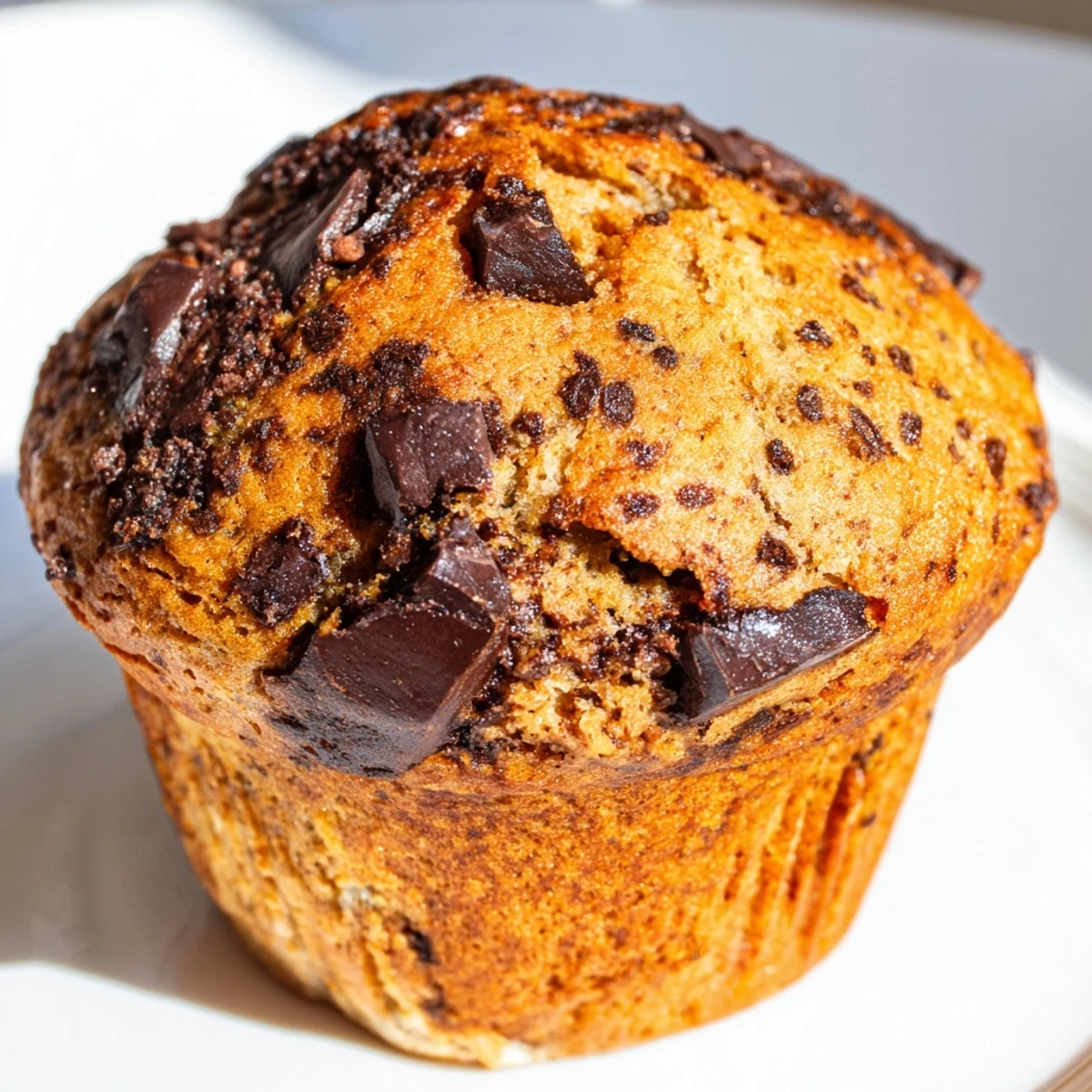 Freshly baked banana espresso chocolate chip muffins with golden tops and melted chocolate spots