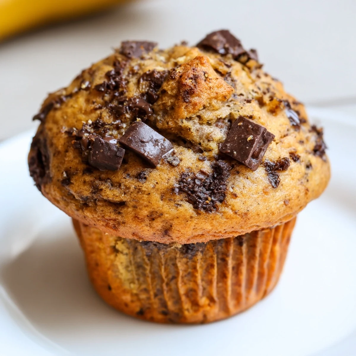 Batch of twelve banana espresso chocolate chip muffins in a lined muffin pan ready to serve