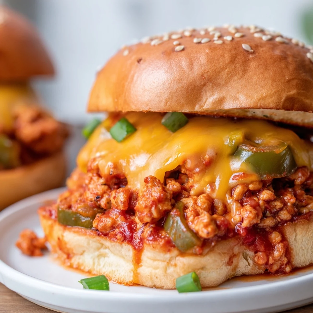 Spicy Cajun chicken sloppy joes topped with rich melted cheddar cheese sauce on toasted buns