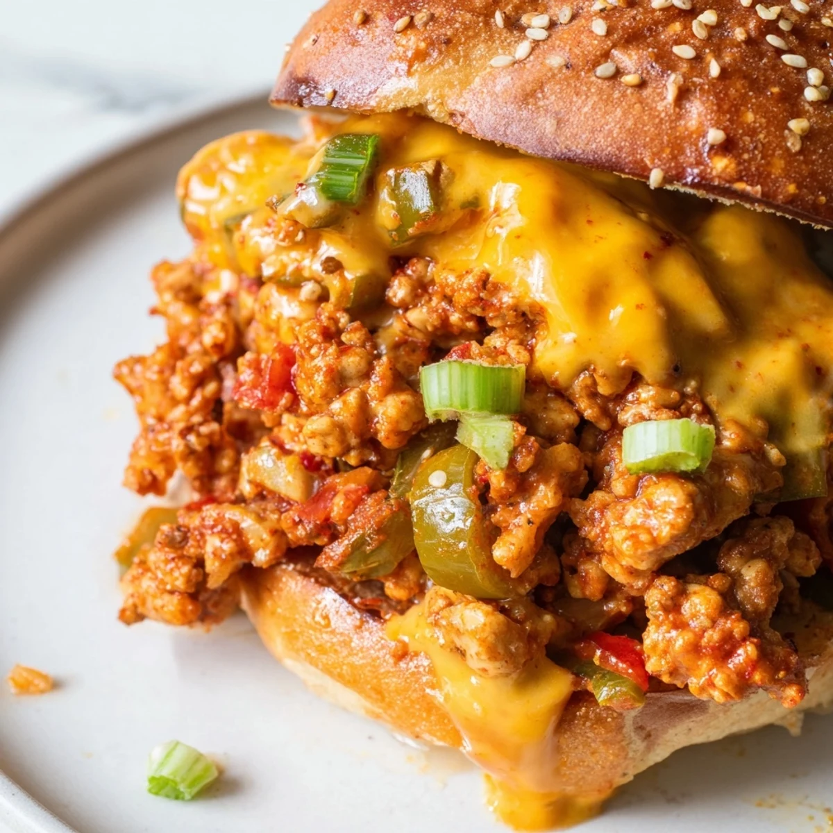 Hearty Cajun chicken sloppy jores sandwiched in soft brioche buns with creamy homemade cheese drizzle