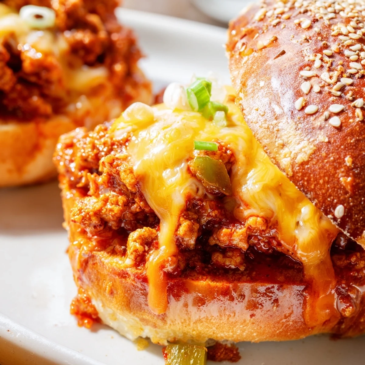 Savory ground chicken sloppy joes with Cajun spices and velvety cheese sauce on hamburger buns