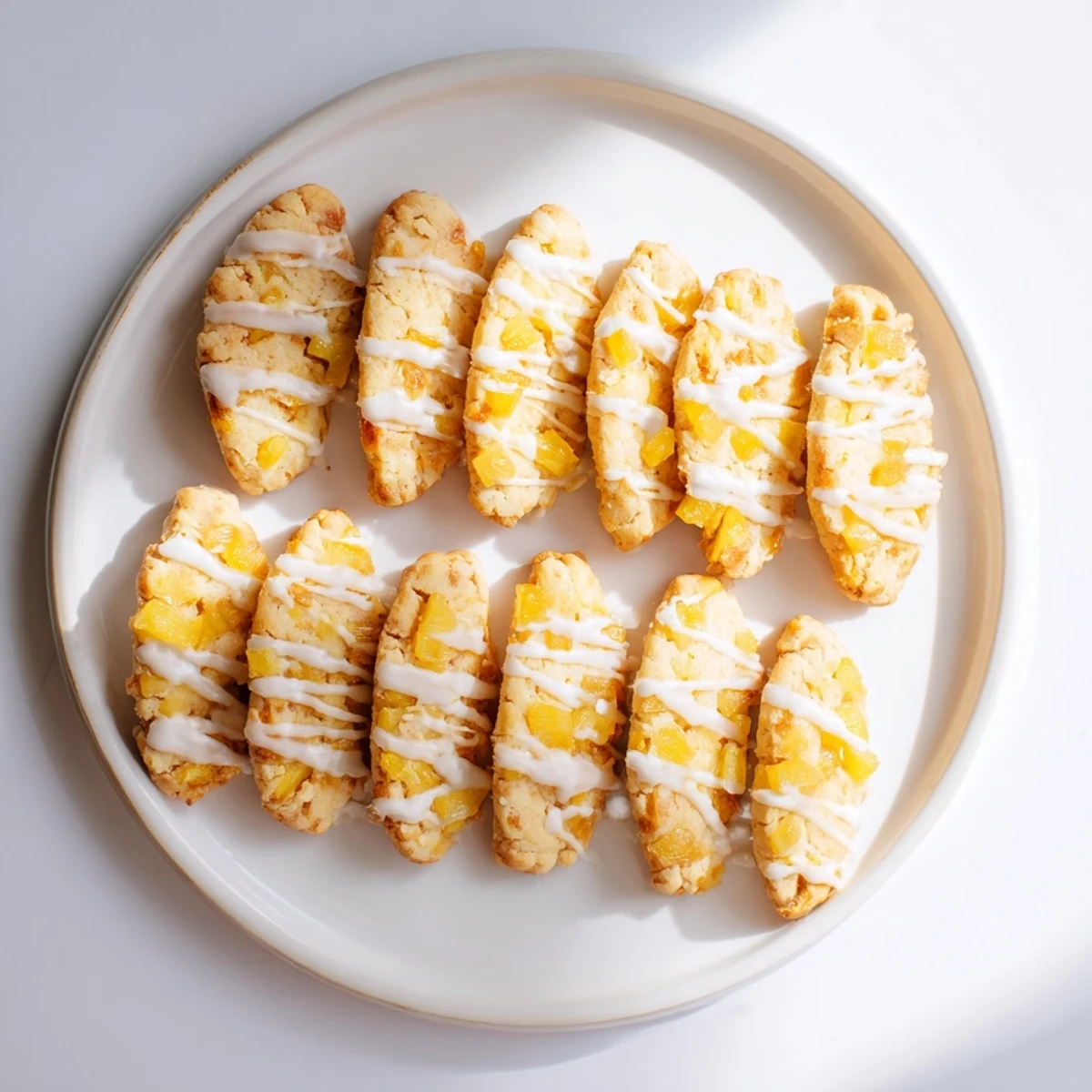Golden pineapple cookies with sweet fruit chunks baked into buttery dough and white glaze drizzle