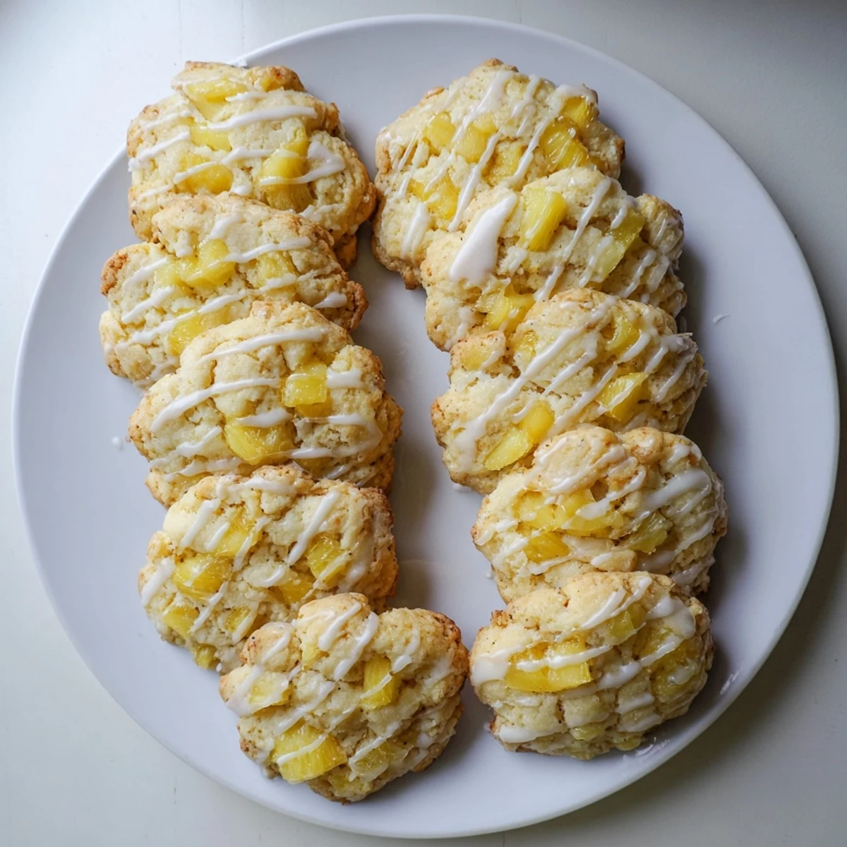 Buttery tropical pineapple cookies arranged on white plate with visible crushed pineapple pieces inside