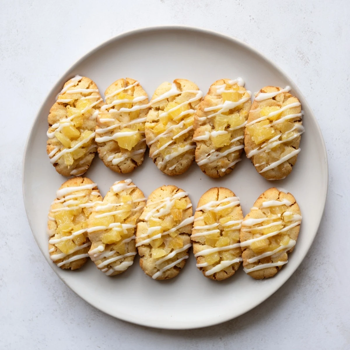 Fresh pineapple cookies cooling on wire rack with powdered sugar glaze dripping over golden edges