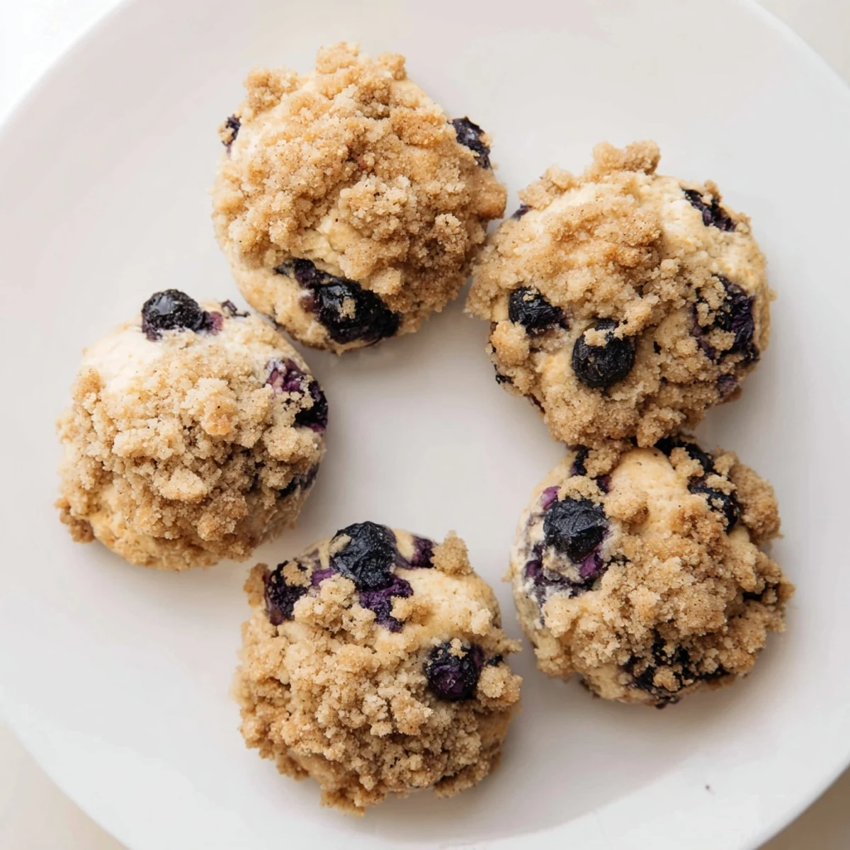 Soft blueberry muffin cookies topped with buttery cinnamon streusel on a white plate