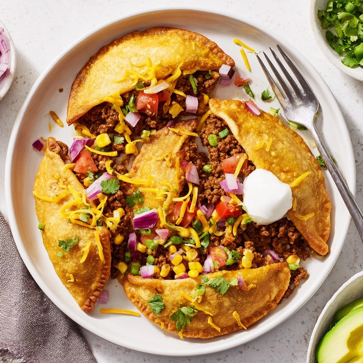 Golden brown spicy crispy Mexican taco pockets filled with seasoned ground beef and melted cheddar cheese